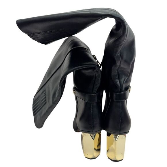 Franco Sarto Knee High Boots Size 9 Black Leather Gold Heel Side Zip - Picture 6 of 9